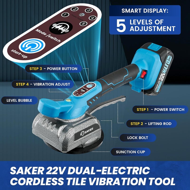 Saker Cordless Tile Vibration Tool with 2 x 22V Batteries,Portable Tile Suction Cup Tool with Digital Display,Handheld Tile Vibration Leveling Machine with 5 Adjust Speed,For Tile,Wood,Floor,Wall - Image 5